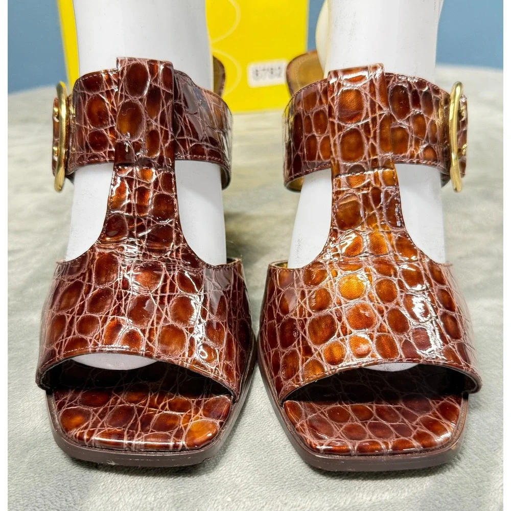 Circa Joan David Sandals Womens 9.5 M Brown Croc Embossed Heels T-Strap